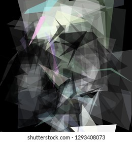 Abstract geometric pattern consisting of triangles of various sizes and transparency on a black background. Chaotical low poly backdrop.