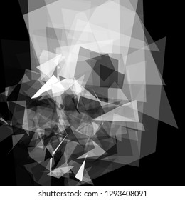 Abstract geometric pattern consisting of triangles of various sizes and transparency on a black background. Chaotical low poly backdrop.