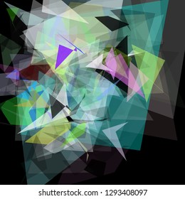 Abstract geometric pattern consisting of triangles of various sizes and transparency on a black background. Chaotical low poly backdrop.