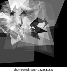 Abstract geometric pattern consisting of triangles of various sizes and transparency on a black background. Chaotical low poly backdrop.