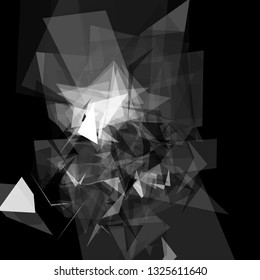 Abstract geometric pattern consisting of triangles of various sizes and transparency on a black background. Chaotical low poly backdrop.