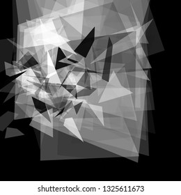 Abstract geometric pattern consisting of triangles of various sizes and transparency on a black background. Chaotical low poly backdrop.