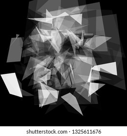Abstract geometric pattern consisting of triangles of various sizes and transparency on a black background. Chaotical low poly backdrop.