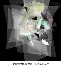 Abstract geometric pattern consisting of triangles of various sizes and transparency on a black background. Chaotical low poly backdrop.