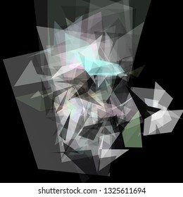 Abstract geometric pattern consisting of triangles of various sizes and transparency on a black background. Chaotical low poly backdrop.