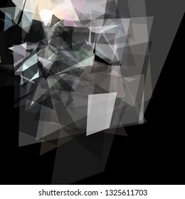 Abstract geometric pattern consisting of triangles of various sizes and transparency on a black background. Chaotical low poly backdrop.
