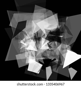 Abstract geometric pattern consisting of triangles of various sizes and transparency on a black background. Chaotical low poly backdrop.