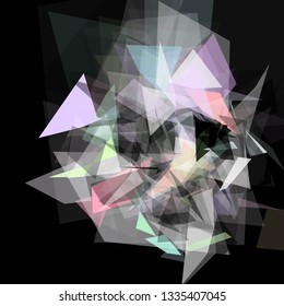 Abstract geometric pattern consisting of triangles of various sizes and transparency on a black background. Chaotical low poly backdrop.