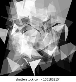 Abstract geometric pattern consisting of triangles of various sizes and transparency on a black background. Chaotical low poly backdrop.