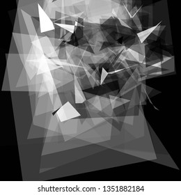 Abstract geometric pattern consisting of triangles of various sizes and transparency on a black background. Chaotical low poly backdrop.
