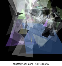 Abstract geometric pattern consisting of triangles of various sizes and transparency on a black background. Chaotical low poly backdrop.