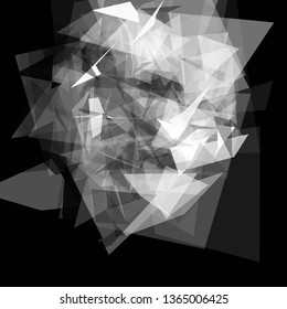 Abstract geometric pattern consisting of triangles of various sizes and transparency on a black background. Chaotical low poly backdrop.