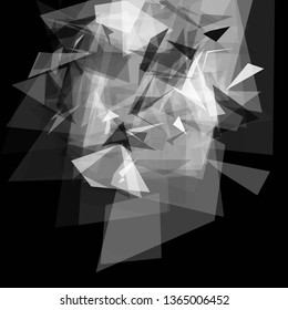 Abstract geometric pattern consisting of triangles of various sizes and transparency on a black background. Chaotical low poly backdrop.