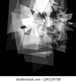 Abstract geometric pattern consisting of triangles of various sizes and transparency on a black background. Chaotical low poly backdrop.