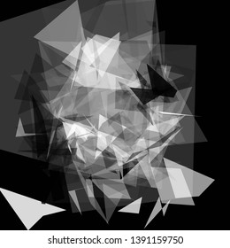 Abstract geometric pattern consisting of triangles of various sizes and transparency on a black background. Chaotical low poly backdrop.