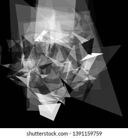Abstract geometric pattern consisting of triangles of various sizes and transparency on a black background. Chaotical low poly backdrop.