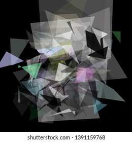 Abstract geometric pattern consisting of triangles of various sizes and transparency on a black background. Chaotical low poly backdrop.