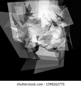 Abstract geometric pattern consisting of triangles of various sizes and transparency on a black background. Chaotical low poly backdrop.
