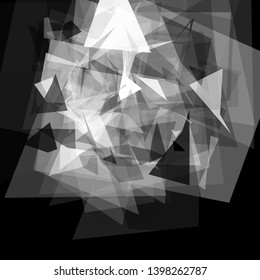 Abstract geometric pattern consisting of triangles of various sizes and transparency on a black background. Chaotical low poly backdrop.