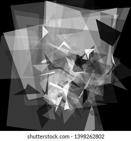 Abstract geometric pattern consisting of triangles of various sizes and transparency on a black background. Chaotical low poly backdrop.