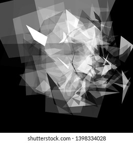 Abstract geometric pattern consisting of triangles of various sizes and transparency on a black background. Chaotical low poly backdrop.