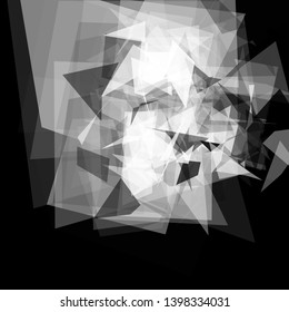 Abstract geometric pattern consisting of triangles of various sizes and transparency on a black background. Chaotical low poly backdrop.