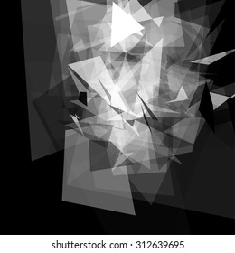 Abstract geometric pattern consisting of triangles of various sizes and transparency on a black background