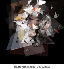 Abstract geometric pattern consisting of triangles of various sizes and transparency on a black background