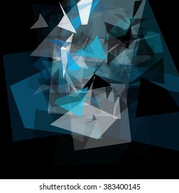 Abstract geometric pattern consisting of triangles of various sizes and transparency on a black background