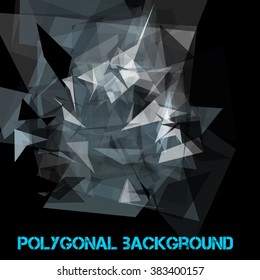 Abstract geometric pattern consisting of triangles of various sizes and transparency on a black background