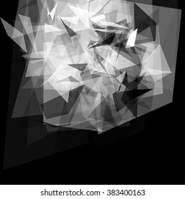 Abstract geometric pattern consisting of triangles of various sizes and transparency on a black background