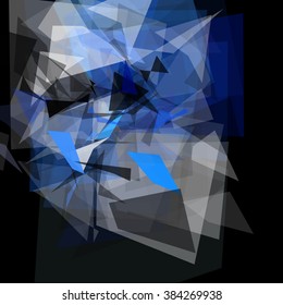 Abstract geometric pattern consisting of triangles of various sizes and transparency on a black background