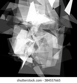 Abstract geometric pattern consisting of triangles of various sizes and transparency on a black background