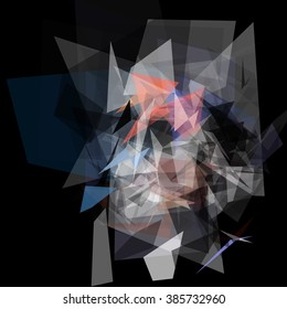 Abstract geometric pattern consisting of triangles of various sizes and transparency on a black background