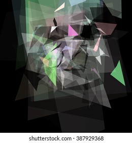 Abstract geometric pattern consisting of triangles of various sizes and transparency on a black background