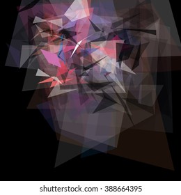 Abstract geometric pattern consisting of triangles of various sizes and transparency on a black background