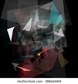 Abstract geometric pattern consisting of triangles of various sizes and transparency on a black background