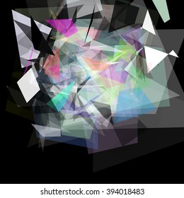 Abstract geometric pattern consisting of triangles of various sizes and transparency on a black background