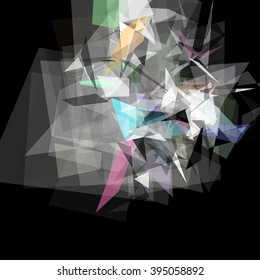 Abstract geometric pattern consisting of triangles of various sizes and transparency on a black background