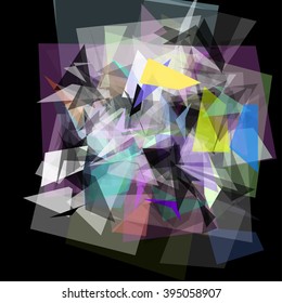 Abstract geometric pattern consisting of triangles of various sizes and transparency on a black background