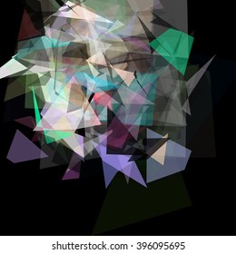 Abstract geometric pattern consisting of triangles of various sizes and transparency on a black background