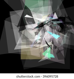 Abstract geometric pattern consisting of triangles of various sizes and transparency on a black background