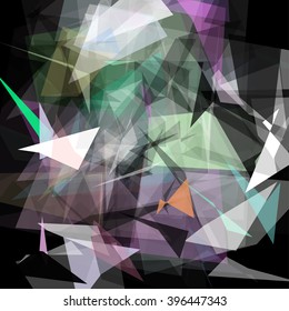 Abstract geometric pattern consisting of triangles of various sizes and transparency on a black background