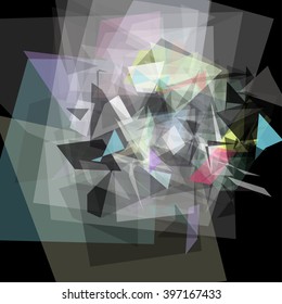 Abstract geometric pattern consisting of triangles of various sizes and transparency on a black background