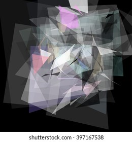 Abstract geometric pattern consisting of triangles of various sizes and transparency on a black background