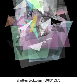 Abstract geometric pattern consisting of triangles of various sizes and transparency on a black background