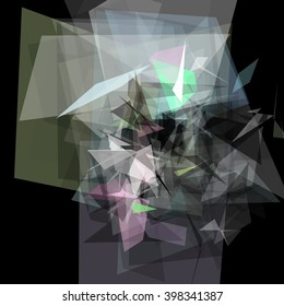 Abstract geometric pattern consisting of triangles of various sizes and transparency on a black background