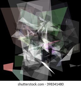 Abstract geometric pattern consisting of triangles of various sizes and transparency on a black background