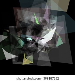 Abstract geometric pattern consisting of triangles of various sizes and transparency on a black background