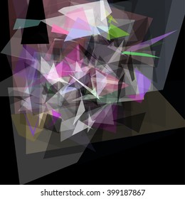 Abstract geometric pattern consisting of triangles of various sizes and transparency on a black background